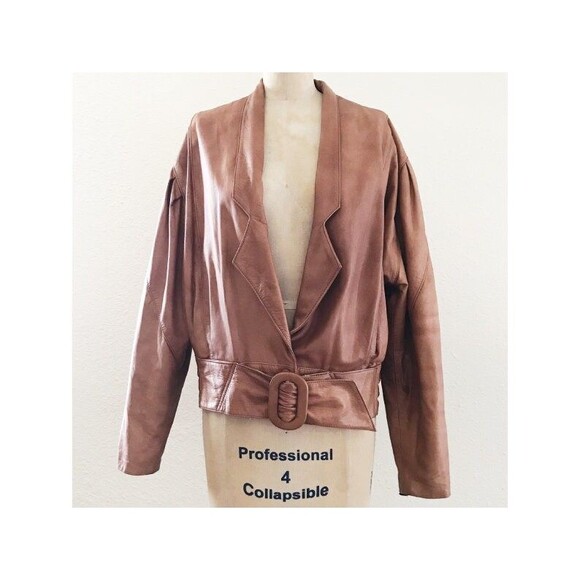 Vintage 1980s Brown Cropped Long Dolman Sleeve Belted Leather Jacket - M/L - Picture 3 of 8